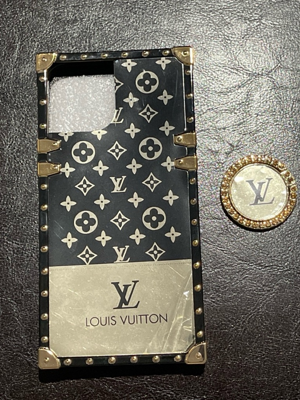 Louis Vuitton Black & Gold Monogram iPhone Case with Matching Pop Socket